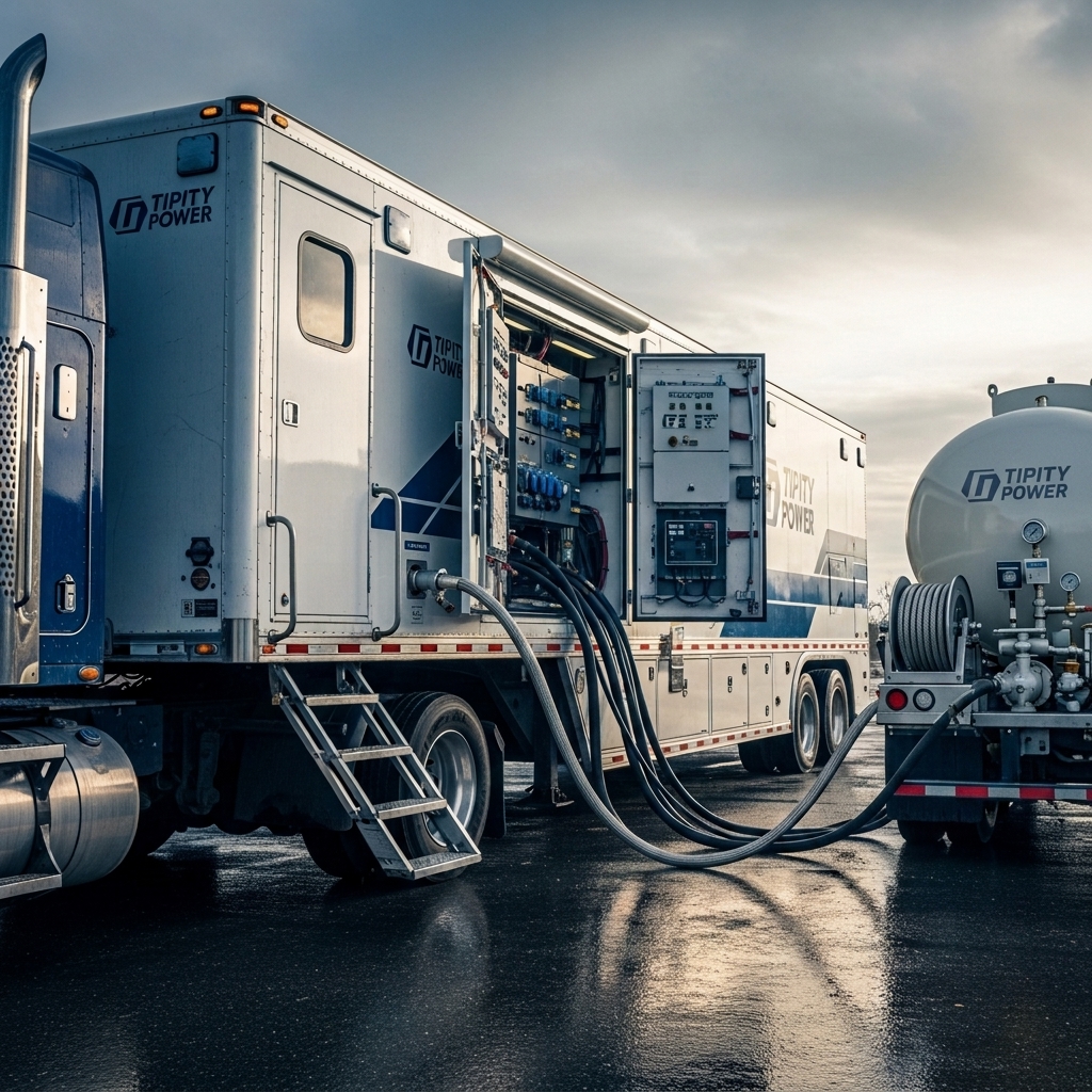 Tipity Power deployed in disaster zone — LP truck connected to generator trailer, crew operating